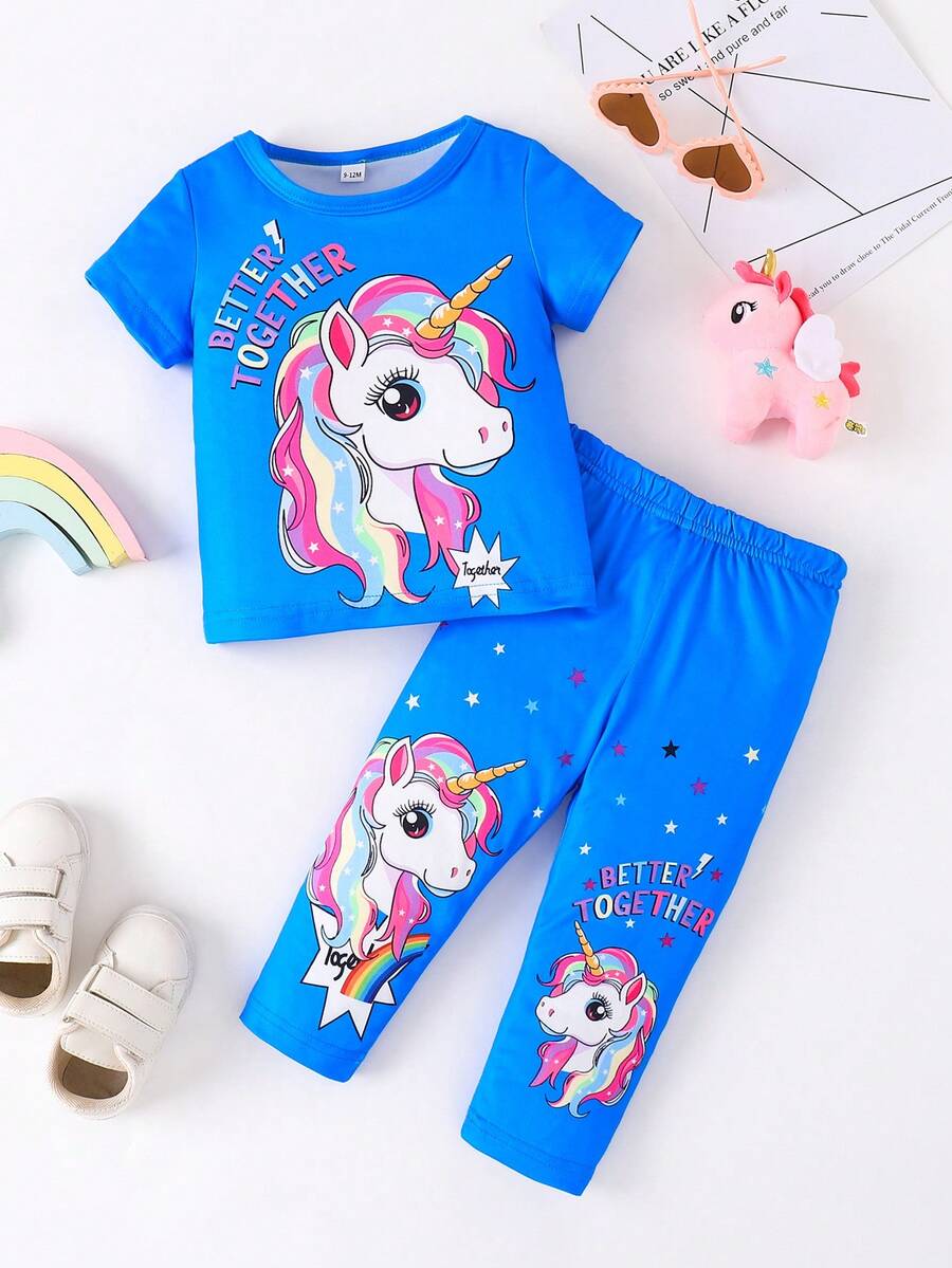 Baby Girl Fashionable Cute Unicorn Print Short Sleeve T-Shirt And Pants Set, Spring/Summer/Autumn