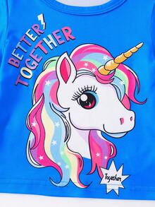 Baby Girl Fashionable Cute Unicorn Print Short Sleeve T-Shirt And Pants Set, Spring/Summer/Autumn