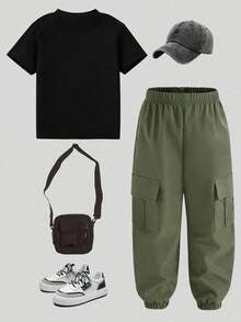 Young Boy Cartoon Print Round Neck Short Sleeve Top And Cargo Pants Set