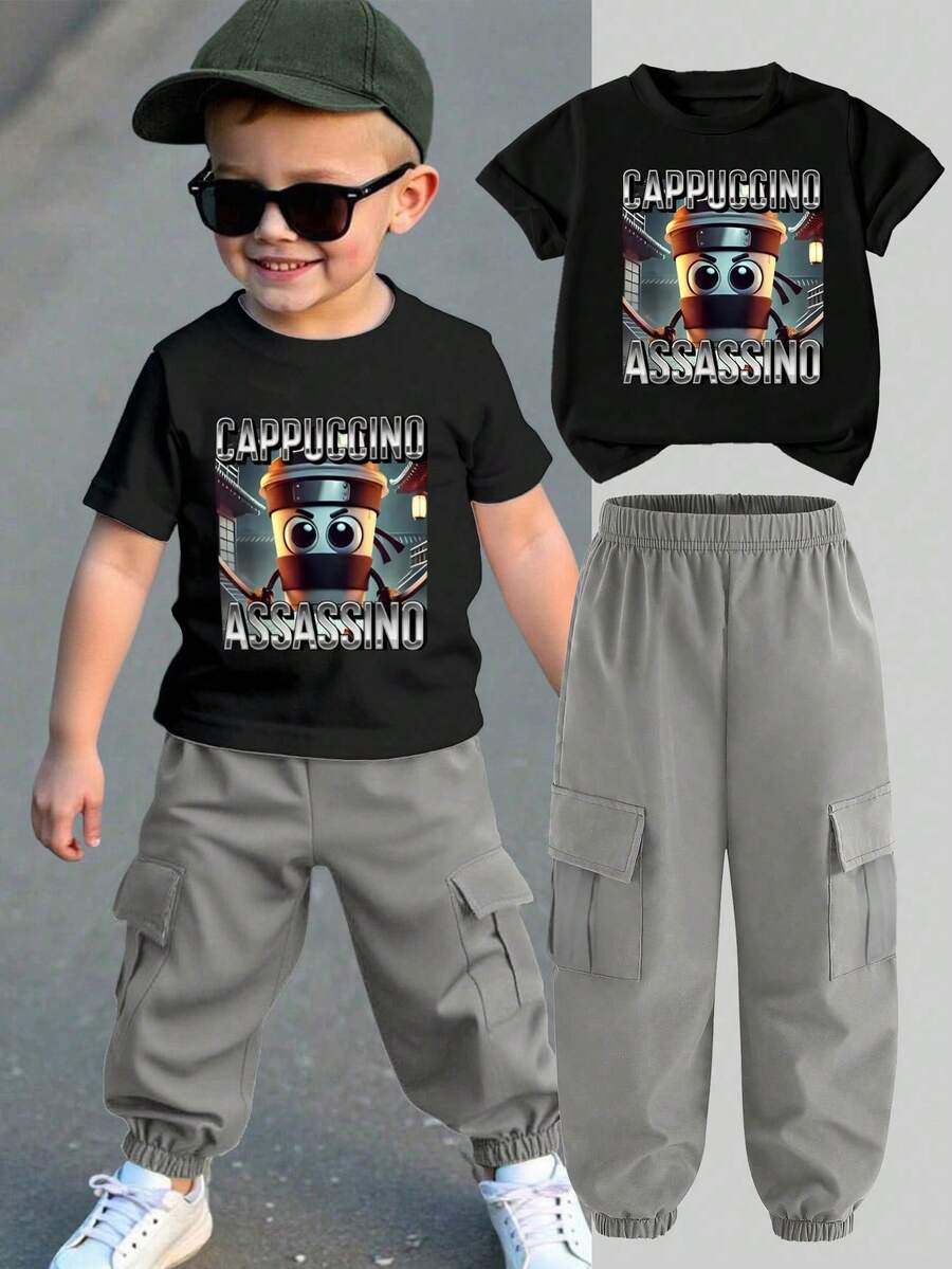 2pcs/Set Young Boy Cartoon Print Short Sleeve T-Shirt And Cargo Pants Casual Outfit