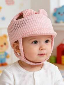 1pc Cartoon Bear Baby Anti-Fall Hat, Adjustable Baby Toddler Anti-Collision Protective Helmet, 3D Mesh Breathable Summer Baby Safety Cap, Anti-Fall Hat, Crawling Protection Hat, Coffee/Pink