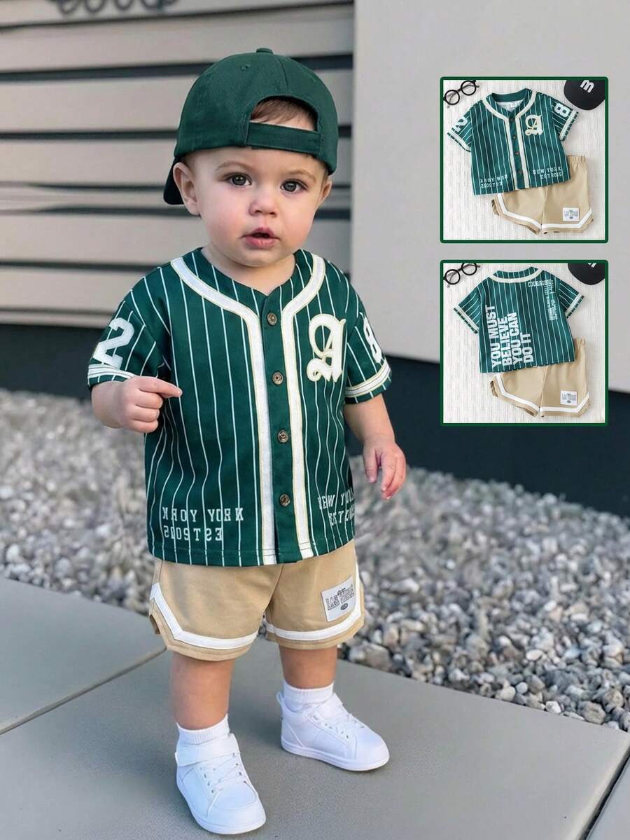 Bubblio 2pcs/Set Unisex Baby Boy/Girl Green Baseball Jacket Short Sleeve Shirt Knit Top And Shorts Set, Sports Outfit, Spring/Summer Baby Boy Clothes