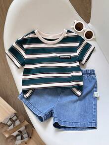 SHEIN Playful Pals 3-Year-Old Baby Boy Blue White Stripe Summer Casual Page Boy Outfit,Includes Cartoon T-Shirt And Light Blue Denim Shorts,Cute Children's Everyday Wear