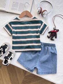 SHEIN Playful Pals 3-Year-Old Baby Boy Blue White Stripe Summer Casual Page Boy Outfit,Includes Cartoon T-Shirt And Light Blue Denim Shorts,Cute Children's Everyday Wear
