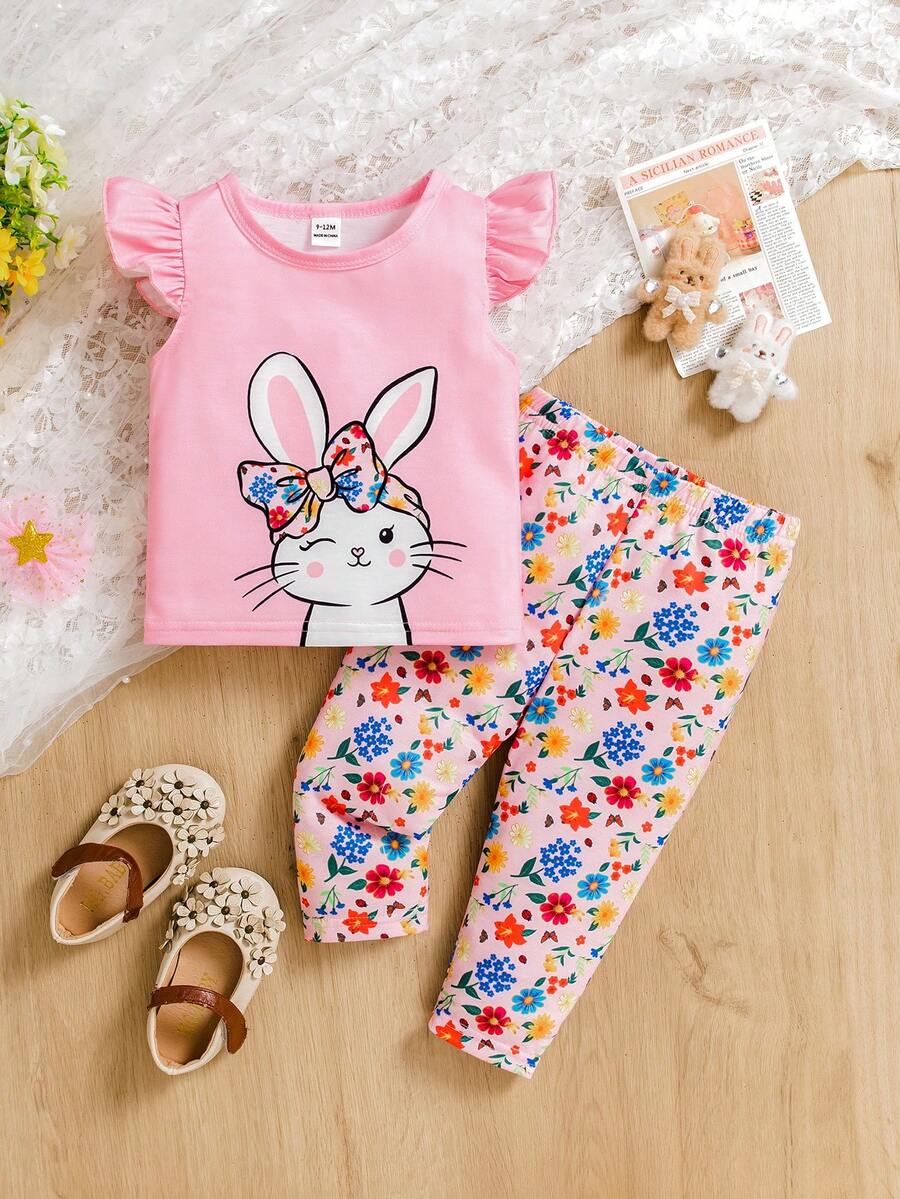 SHEIN 2-Piece Baby Girls Cute Casual Cartoon Bunny Flutter Sleeve Top And Ditsy Floral Pants Set For Summer