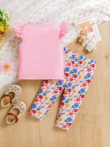 SHEIN 2-Piece Baby Girls Cute Casual Cartoon Bunny Flutter Sleeve Top And Ditsy Floral Pants Set For Summer