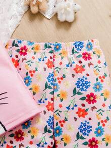 SHEIN 2-Piece Baby Girls Cute Casual Cartoon Bunny Flutter Sleeve Top And Ditsy Floral Pants Set For Summer