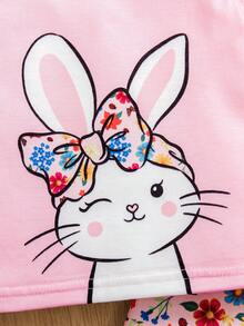 SHEIN 2-Piece Baby Girls Cute Casual Cartoon Bunny Flutter Sleeve Top And Ditsy Floral Pants Set For Summer