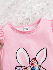 SHEIN 2-Piece Baby Girls Cute Casual Cartoon Bunny Flutter Sleeve Top And Ditsy Floral Pants Set For Summer