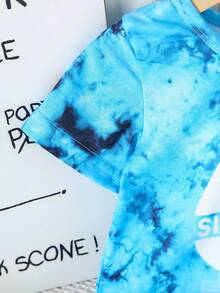 2pcs Baby Boys Summer Casual Short Sleeve Outfit Set, Fashionable Cartoon Number 67 & Letter Print Round Neck Tie-Dye T-Shirt And Matching Number 67 & Letter Print Shorts, Summer Leisure Clothes