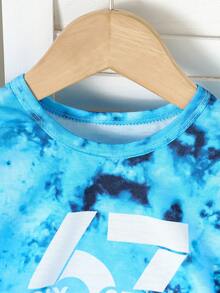 2pcs Baby Boys Summer Casual Short Sleeve Outfit Set, Fashionable Cartoon Number 67 & Letter Print Round Neck Tie-Dye T-Shirt And Matching Number 67 & Letter Print Shorts, Summer Leisure Clothes