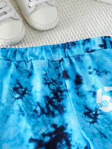 2pcs Baby Boys Summer Casual Short Sleeve Outfit Set, Fashionable Cartoon Number 67 & Letter Print Round Neck Tie-Dye T-Shirt And Matching Number 67 & Letter Print Shorts, Summer Leisure Clothes