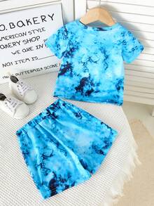 2pcs Baby Boys Summer Casual Short Sleeve Outfit Set, Fashionable Cartoon Number 67 & Letter Print Round Neck Tie-Dye T-Shirt And Matching Number 67 & Letter Print Shorts, Summer Leisure Clothes