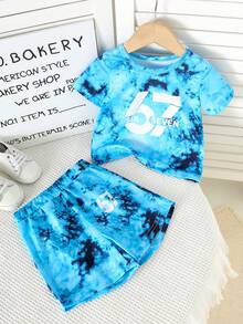 2pcs Baby Boys Summer Casual Short Sleeve Outfit Set, Fashionable Cartoon Number 67 & Letter Print Round Neck Tie-Dye T-Shirt And Matching Number 67 & Letter Print Shorts, Summer Leisure Clothes