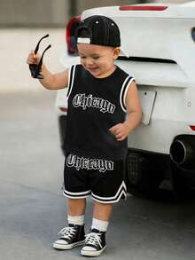 SHEIN GraphicGems 2pcs Infant Toddler Baby Boy Spring/Summer Streetwear Sports Style Black Mesh Fabric English Number & Letter Print Round Neck Sleeveless Top Paired With Elastic Waist Shorts