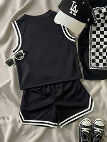 SHEIN GraphicGems 2pcs Infant Toddler Baby Boy Spring/Summer Streetwear Sports Style Black Mesh Fabric English Number & Letter Print Round Neck Sleeveless Top Paired With Elastic Waist Shorts