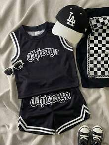 SHEIN GraphicGems 2pcs Infant Toddler Baby Boy Spring/Summer Streetwear Sports Style Black Mesh Fabric English Number & Letter Print Round Neck Sleeveless Top Paired With Elastic Waist Shorts