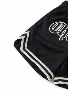 SHEIN GraphicGems 2pcs Infant Toddler Baby Boy Spring/Summer Streetwear Sports Style Black Mesh Fabric English Number & Letter Print Round Neck Sleeveless Top Paired With Elastic Waist Shorts