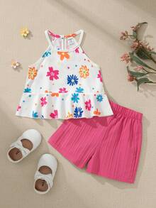 Souflis Souflis 2pcs Baby Girl Toddler/Newborn 0-3Y Dopamine Inspired Colorful Vacation Sleeveless Top + Shorts Set, Spring/Summer Outfit