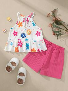 Souflis Souflis 2pcs Baby Girl Toddler/Newborn 0-3Y Dopamine Inspired Colorful Vacation Sleeveless Top + Shorts Set, Spring/Summer Outfit
