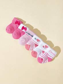 6pairs/Pack Valentine's Day Heart & Bow Decor Warm Terry Socks For Baby Girls