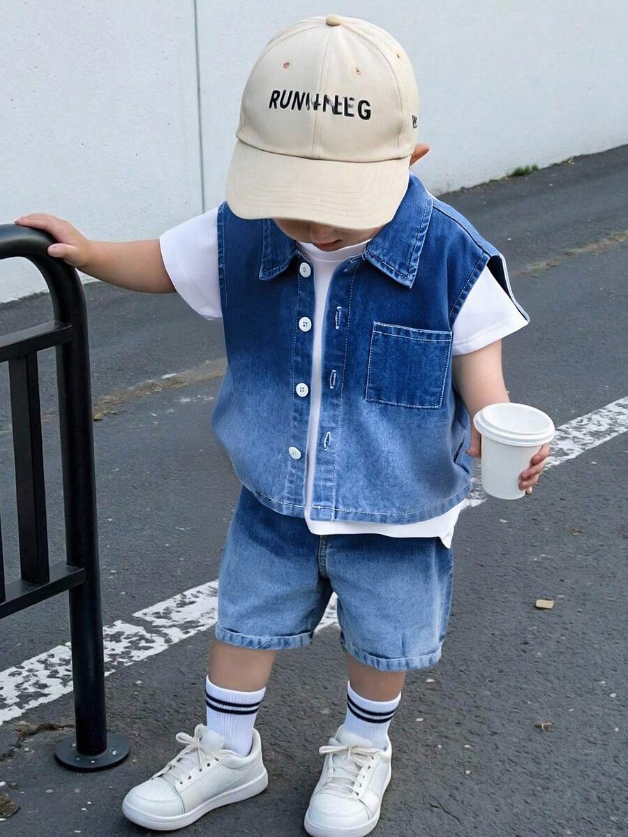 SHEIN Baby Boy 3-Piece Set White Round Neck Short Sleeve Top Sleeveless Denim Vest Jacket And Shorts Blue Summer Casual Beach Fashionable Outdoor Wear