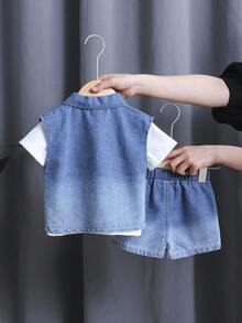 SHEIN Baby Boy 3-Piece Set White Round Neck Short Sleeve Top Sleeveless Denim Vest Jacket And Shorts Blue Summer Casual Beach Fashionable Outdoor Wear