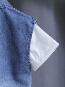 SHEIN Baby Boy 3-Piece Set White Round Neck Short Sleeve Top Sleeveless Denim Vest Jacket And Shorts Blue Summer Casual Beach Fashionable Outdoor Wear