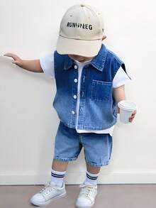SHEIN Baby Boy 3-Piece Set White Round Neck Short Sleeve Top Sleeveless Denim Vest Jacket And Shorts Blue Summer Casual Beach Fashionable Outdoor Wear