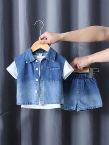 SHEIN Baby Boy 3-Piece Set White Round Neck Short Sleeve Top Sleeveless Denim Vest Jacket And Shorts Blue Summer Casual Beach Fashionable Outdoor Wear