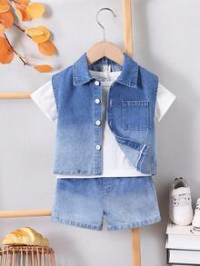 SHEIN Baby Boy 3-Piece Set White Round Neck Short Sleeve Top Sleeveless Denim Vest Jacket And Shorts Blue Summer Casual Beach Fashionable Outdoor Wear