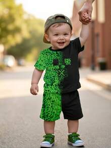 Spring And Summer Baby Boys' Casual Fashion Creative Personalized Refreshing Simple Geometric Plaid Patchwork Graphic Print Comfortable Basic Short T-Shirt And Shorts Set, Cozy Summer Outfit