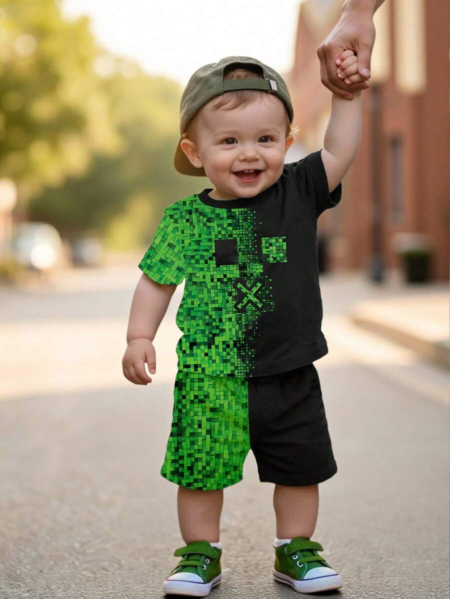 Spring And Summer Baby Boys' Casual Fashion Creative Personalized Refreshing Simple Geometric Plaid Patchwork Graphic Print Comfortable Basic Short T-Shirt And Shorts Set, Cozy Summer Outfit
