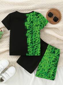 Spring And Summer Baby Boys' Casual Fashion Creative Personalized Refreshing Simple Geometric Plaid Patchwork Graphic Print Comfortable Basic Short T-Shirt And Shorts Set, Cozy Summer Outfit