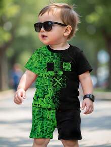 Spring And Summer Baby Boys' Casual Fashion Creative Personalized Refreshing Simple Geometric Plaid Patchwork Graphic Print Comfortable Basic Short T-Shirt And Shorts Set, Cozy Summer Outfit