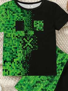 Spring And Summer Baby Boys' Casual Fashion Creative Personalized Refreshing Simple Geometric Plaid Patchwork Graphic Print Comfortable Basic Short T-Shirt And Shorts Set, Cozy Summer Outfit