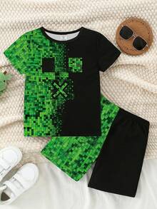 Spring And Summer Baby Boys' Casual Fashion Creative Personalized Refreshing Simple Geometric Plaid Patchwork Graphic Print Comfortable Basic Short T-Shirt And Shorts Set, Cozy Summer Outfit
