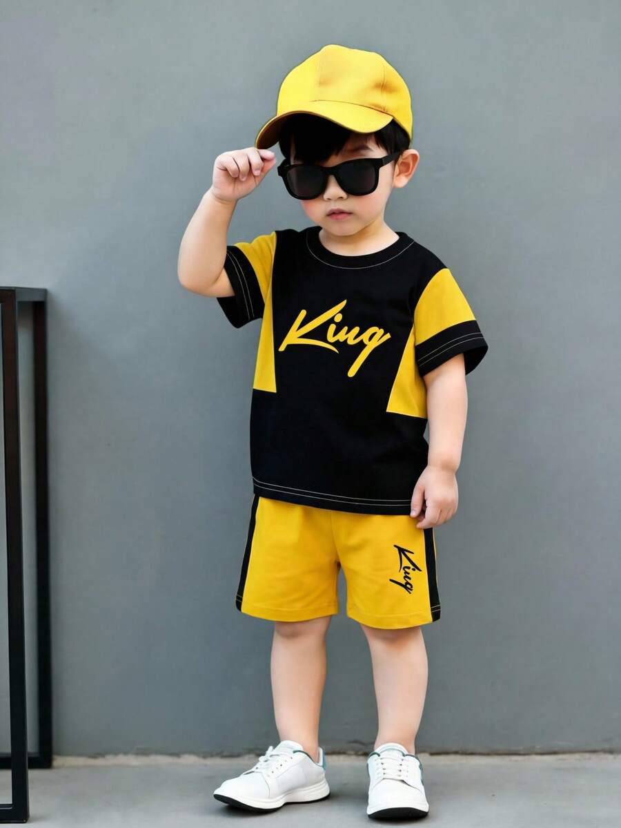 1 Set Infant/Toddler Boys' Casual Fashionable Minimalist Eye-Catching Black & Yellow Contrast King Letter Print Short Sleeve T-Shirt And Shorts Set, Suitable For Outdoor, Sports In Summer