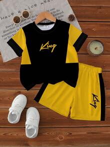 1 Set Infant/Toddler Boys' Casual Fashionable Minimalist Eye-Catching Black & Yellow Contrast King Letter Print Short Sleeve T-Shirt And Shorts Set, Suitable For Outdoor, Sports In Summer