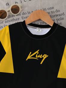 1 Set Infant/Toddler Boys' Casual Fashionable Minimalist Eye-Catching Black & Yellow Contrast King Letter Print Short Sleeve T-Shirt And Shorts Set, Suitable For Outdoor, Sports In Summer
