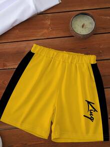 1 Set Infant/Toddler Boys' Casual Fashionable Minimalist Eye-Catching Black & Yellow Contrast King Letter Print Short Sleeve T-Shirt And Shorts Set, Suitable For Outdoor, Sports In Summer