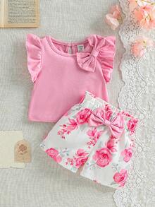 SHEIN Baby Girl Round Neck Bow Decor Puff Sleeve T-Shirt And Floral Print Shorts Casual Set