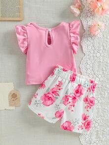 SHEIN Baby Girl Round Neck Bow Decor Puff Sleeve T-Shirt And Floral Print Shorts Casual Set