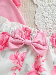 SHEIN Baby Girl Round Neck Bow Decor Puff Sleeve T-Shirt And Floral Print Shorts Casual Set