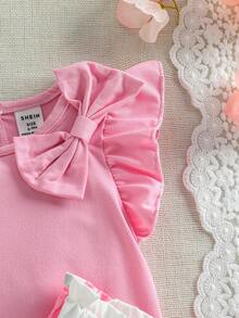 SHEIN Baby Girl Round Neck Bow Decor Puff Sleeve T-Shirt And Floral Print Shorts Casual Set