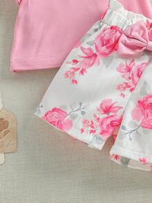 SHEIN Baby Girl Round Neck Bow Decor Puff Sleeve T-Shirt And Floral Print Shorts Casual Set