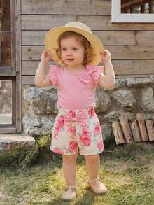 SHEIN Baby Girl Round Neck Bow Decor Puff Sleeve T-Shirt And Floral Print Shorts Casual Set