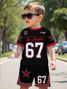 1 Set Infant/Toddler Boys "Los Angeles 67" Print Short Sleeve T-Shirt And Shorts Set, Sporty Black & Red, Everyday Casual Outfit, Spring/Summer