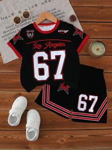 1 Set Infant/Toddler Boys "Los Angeles 67" Print Short Sleeve T-Shirt And Shorts Set, Sporty Black & Red, Everyday Casual Outfit, Spring/Summer
