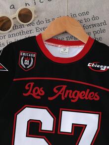 1 Set Infant/Toddler Boys "Los Angeles 67" Print Short Sleeve T-Shirt And Shorts Set, Sporty Black & Red, Everyday Casual Outfit, Spring/Summer